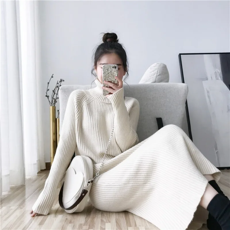 

New Women's Korean High Neck Long Knit Dress Loose Over Knee Sweater Long Sleeve Wrap Hip Dress Elegant Rib Knit Slim Fit Dress