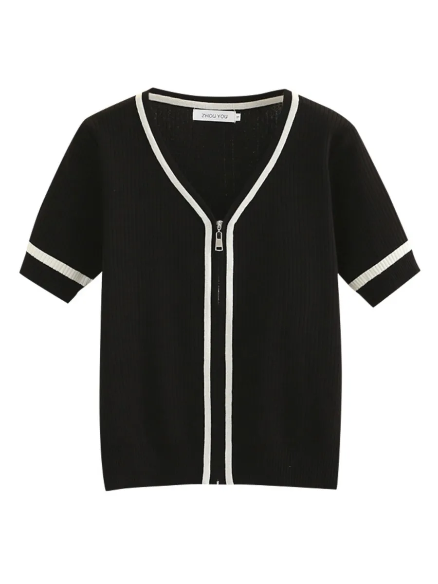 

Женский трикотажный кардиган составного кроя, Летний Тонкий кардиган на молнии с V-образным вырезом, размеры до 4xl