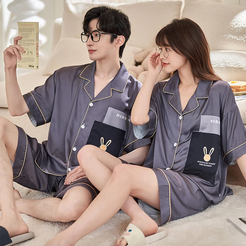 2PCS Summer Sweethearts Pajama Sets Women Men kawaii Rabbit Sleepwear Silk Cloth Short Sleeves Pyjama Pour Femme Pijama Casual