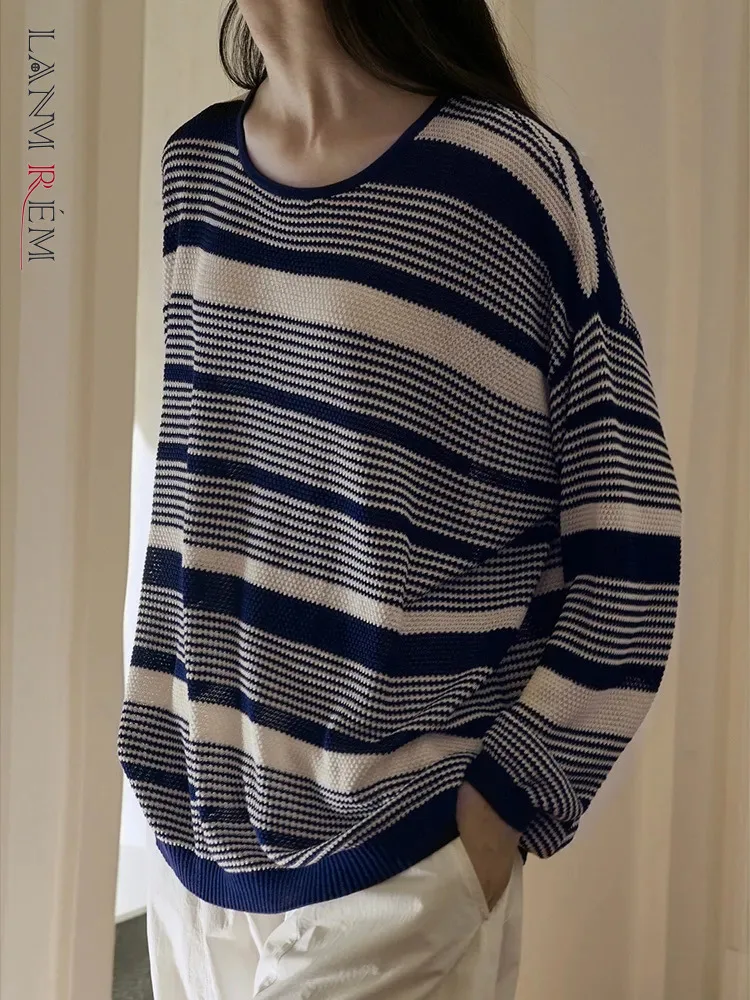 

[LANMREM] Korean Style Striped Knitting Pullover Sweater For Women Round Neck Long Sleeve Female Tops 2023 Autumn New 26D5684