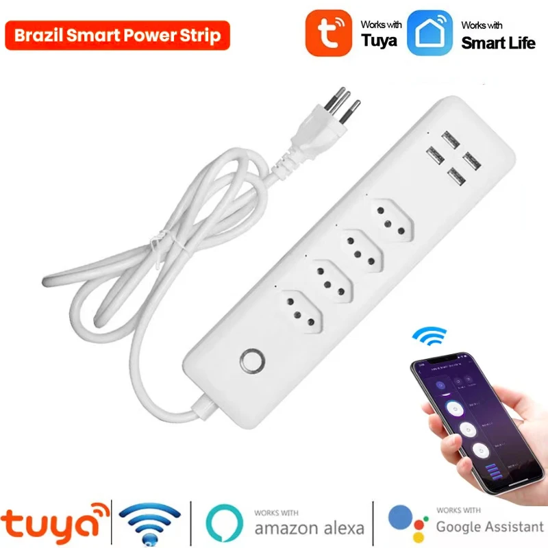 

Tuya WiFi Smart Power Strip,Brazil Standard Smart Plug 4 Outlets 4USB Ports Outlet ,Voice Control Work With Alexa Google Home