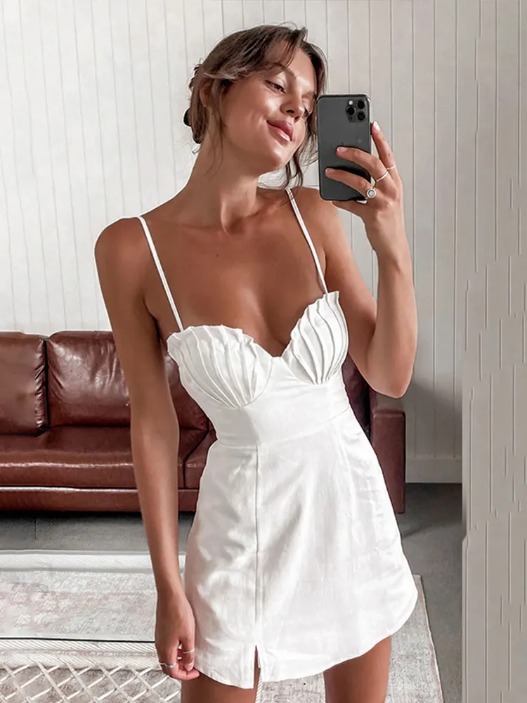 

Women's Summer Dress Sexy Off Shoulder Split Mini Dresses Women Shell Folds Solid Backless Robes Simple Party Evening Vestidos