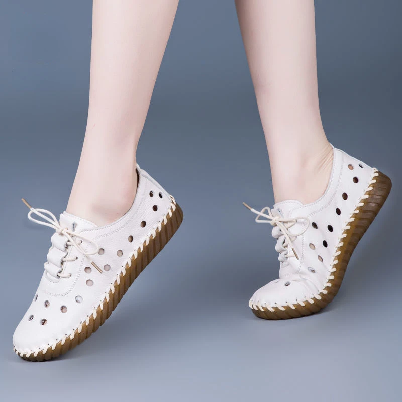 

Moccasins Comfortable Lace-up Handmade White Summer Sneakers Ballet Ladies Shoes Women Flats Genuine Leather Shoes