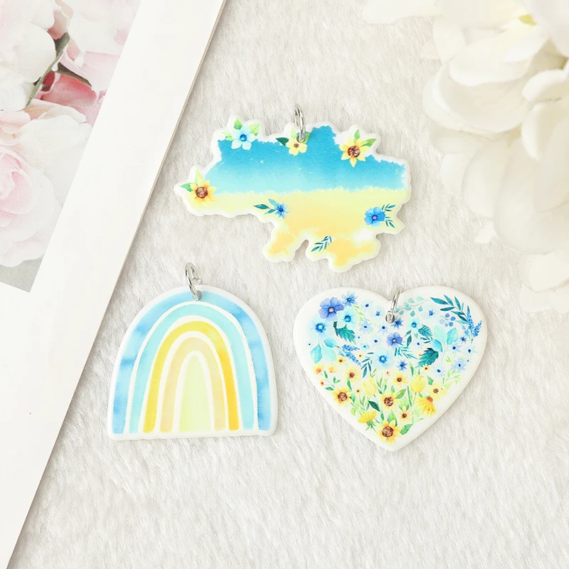 

10 Pcs Ukraine Design Acrylic Rainbow Heart Map Charms Pendants For Earring Keychain Necklace Diy Making Two Sided Patterns