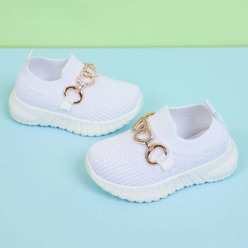 Soft Bottom Non Slip Toddler Kids Running Shoes Metal Chain Girls Sport Shoes Heart Mesh Knitted Breathable Children Sneakers