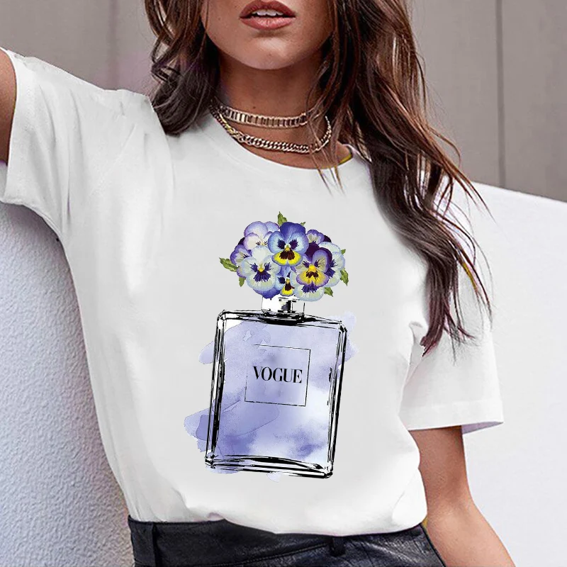 

Flower Perfume Bottle Women T-Shirt Floral Flowers Fashion Top Female Clothing Harajuku Ullzang O-Neck Ladies White Tees Shirts