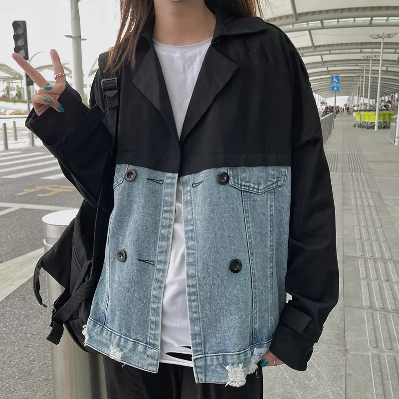 

SuperAen Denim Patchwork Suit Jacket Women 2022 New Loose All Match Double-breasted Casual Blazers