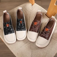 cross tied cow leather cover heel women shoes wild vintage girls casual round head flats fall soft sole chaussure femme