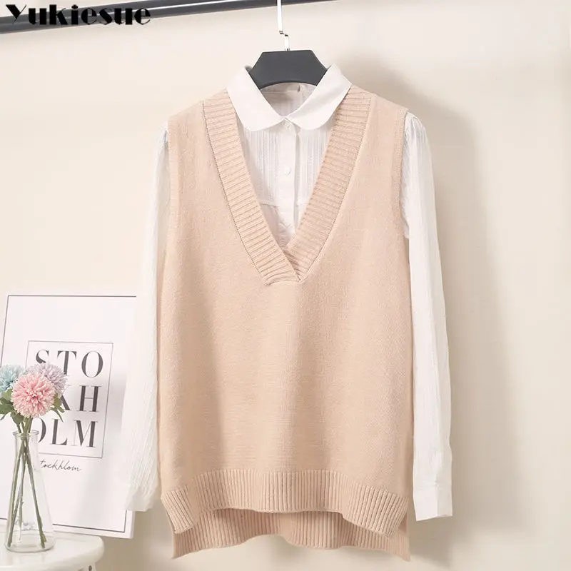 

knitted vest women sweater autumn winter v neck soild Sleeveless Pullover loose waistcoat chic Women's sweaters 2022 spring