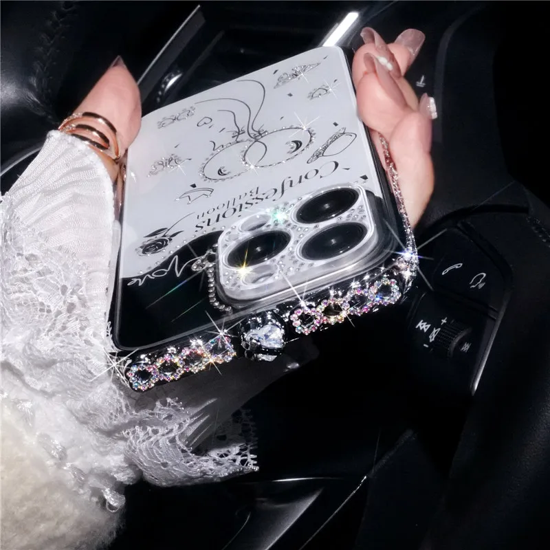 Для iPhone 15 Pro Max 14 13 11 12 Чехол Bling Diamond Bumper Rhinestone Love Inlay Металлический каркас Зеркало