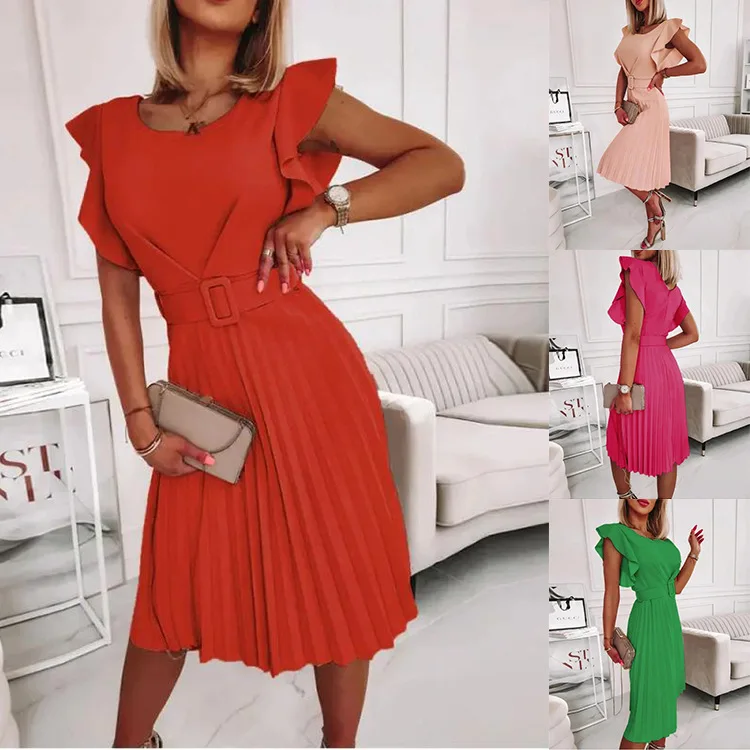 

2023 New Round Neck Casual Waist Wrinkle Ruffle Dress Women's Belt
