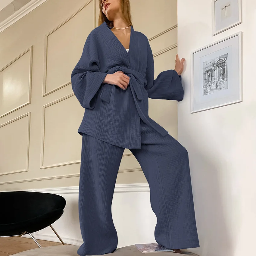 New spring and autumn women's kimono suit simple loose pajama+trousers 100% cotton crepe pure color sweat steam clothing pajama