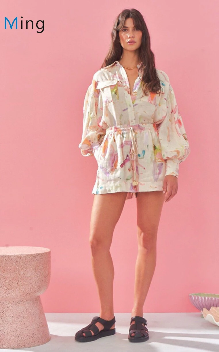 2022 New Colorful Printing Women Long Sleeve 100% Linen Blouse Top+ Linen Shorts Set