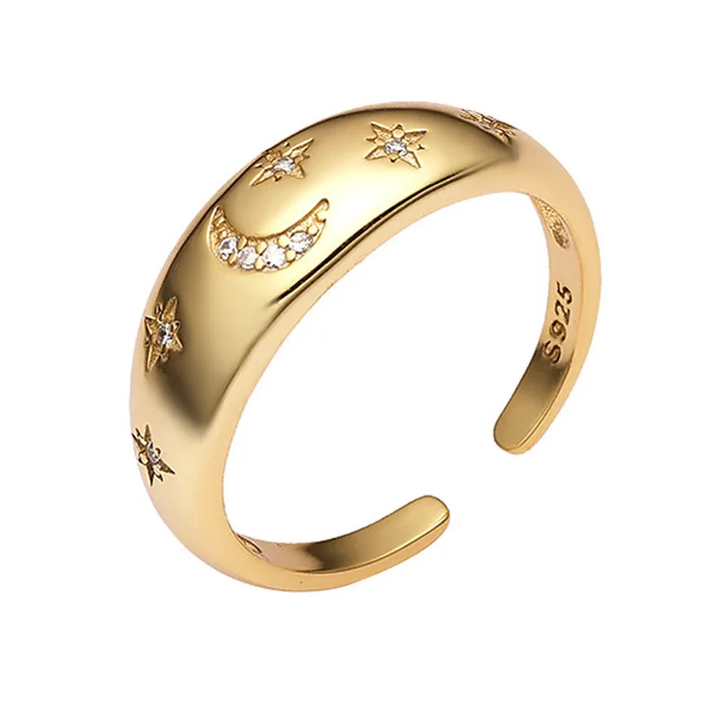 

Moon Star Ring,18K Gold Plated Cubic Zirconia Inlayed Moon Star Chunky Dome Ring,S925 Sterling Silver Moon and Star Thick Rings