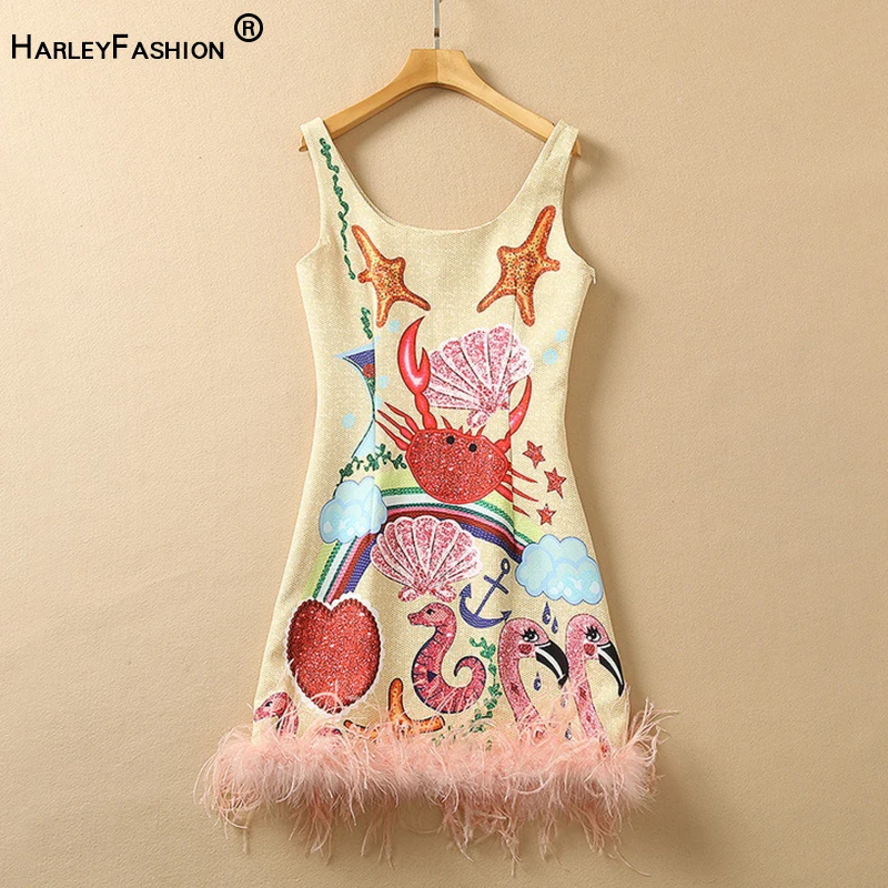

Holiday Style Luxurious Quality Animal Printing Sleevless Vest Dress Women Pink Feather Dresses