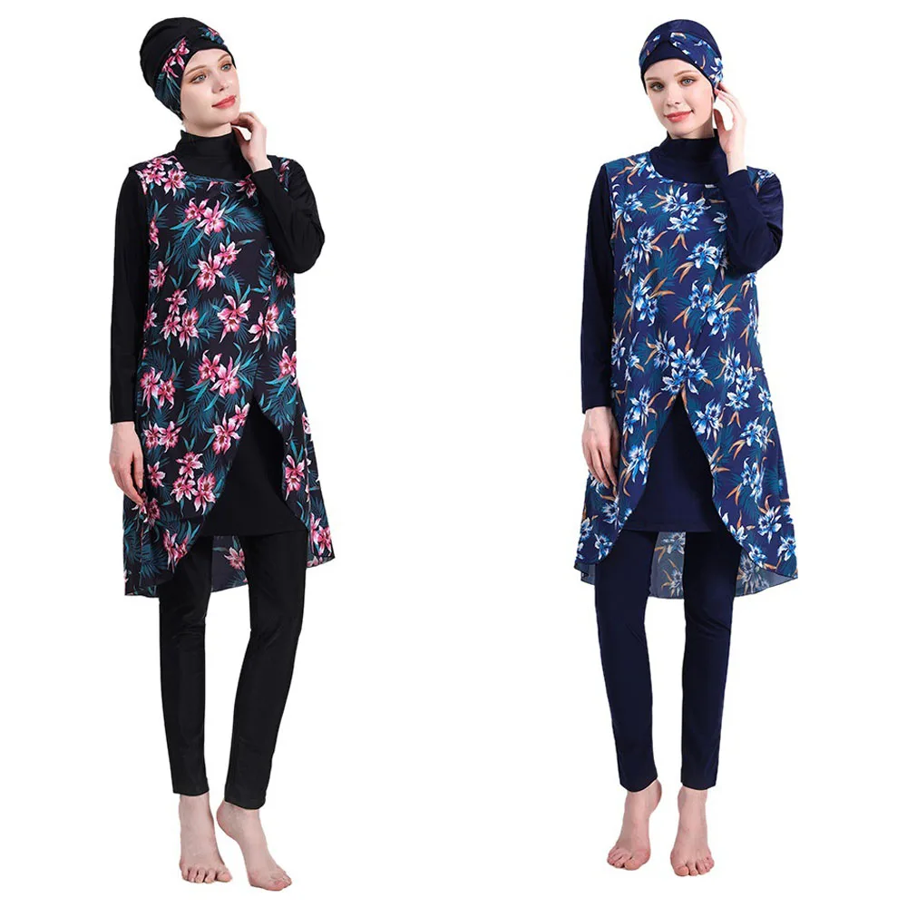 

Скромные бриллианты с длинным рукавом, 4 шт., спортивный купальник с принтом, полноразмерный хиджаб, пляжная одежда lslamic Burkinis, купальный костюм