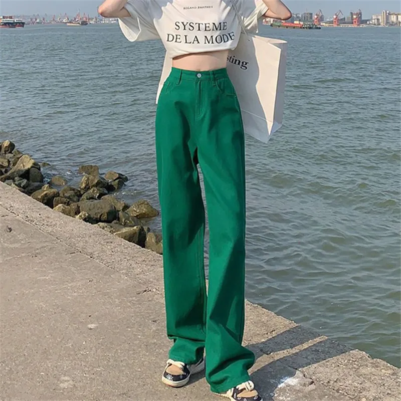 Jeans Women's Solid Color Straight Leg Pants Spring Autumn New High Waist Button Pocket Loose Trousers Casual Female Clothing647