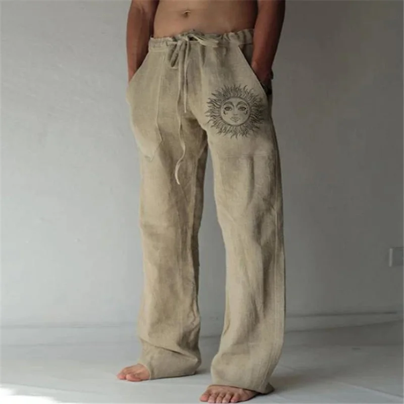 

New Summer Vintage Men's Cotton Linen Oversized Jogger Trousers Hip Hop Avatar Print Male Plus Size Loose Wide Leg Pants Men