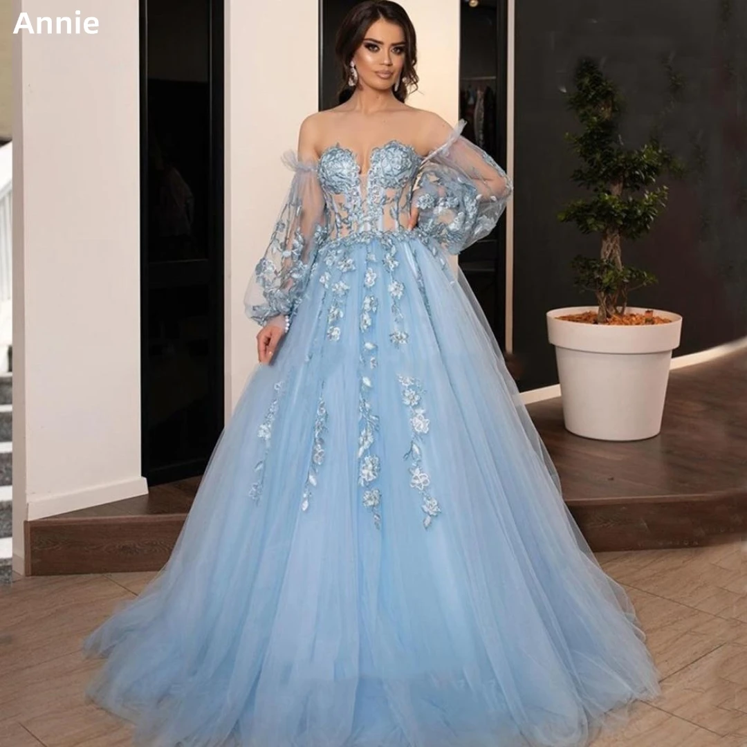 

Annie Light Blue فساتين السهرة Sleeve Lace Vestidos De Noche Lace Three-dimensional Decals Custom Prom Dress