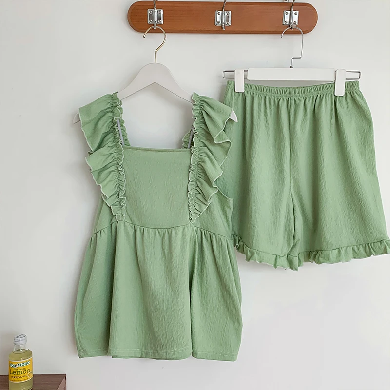 CAIYIER New 2023 Oil Korean Summer Spring Women Pajamas Set Sleeveless Top+Shorts Ruffle Sleepwear Soft Sweet Female Nightwear