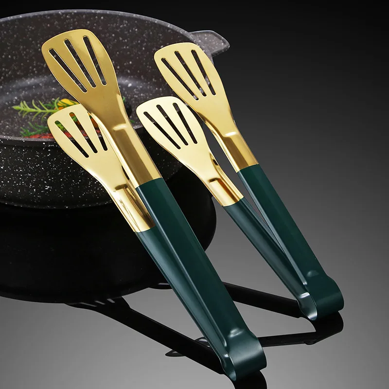 

Green Gold Stainless Steel Steak Tongs BBQ Clip Long Handle Food Serving Clamp Buffet Tableware Kitchen Cooking Accessories