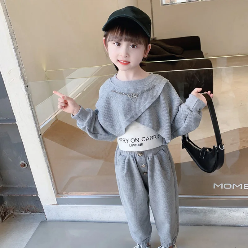 Комплекты детской одежды для девочек 3 предмета свитшот с длинным рукавом + жилет