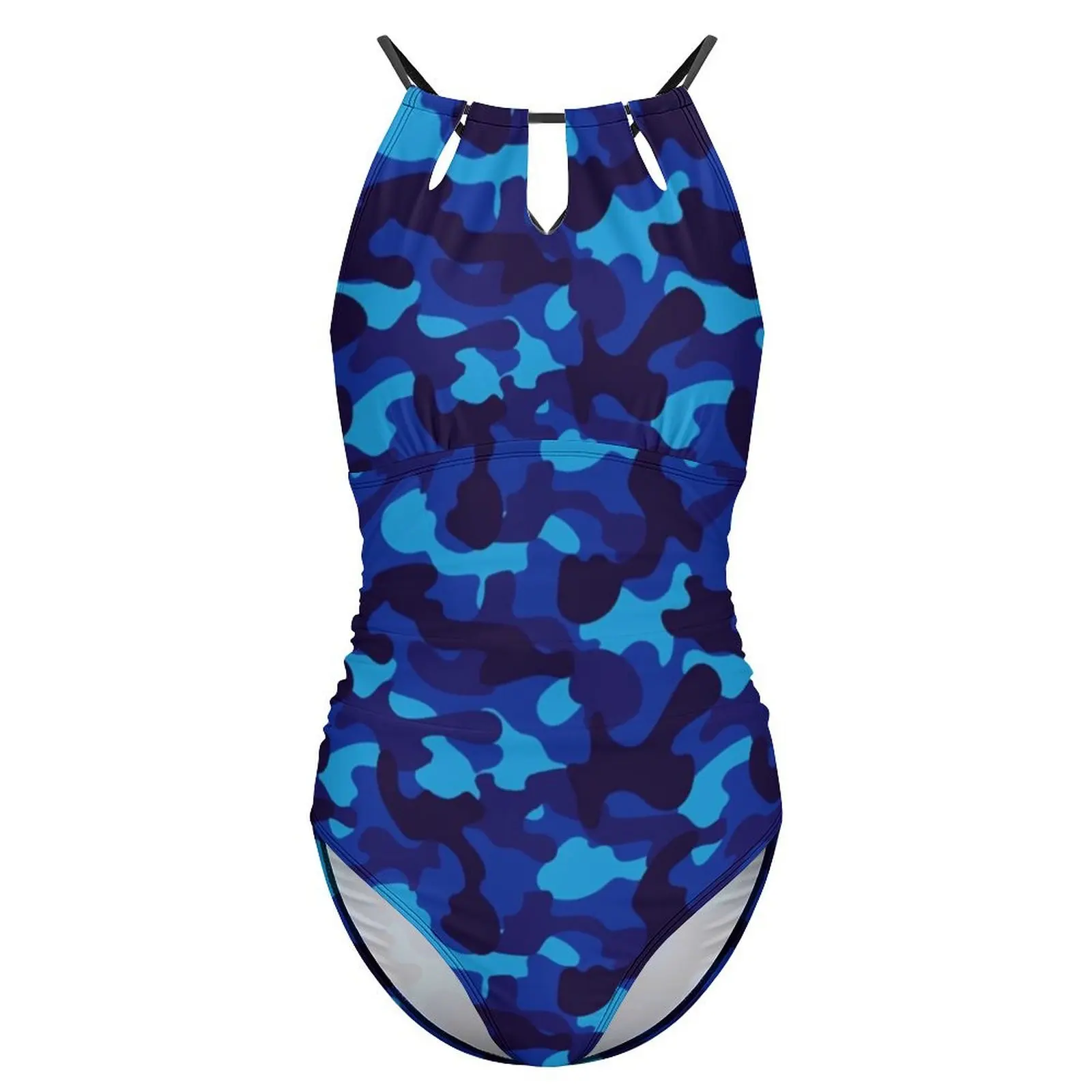 Синий камуфляжный купальник с принтом армейский эффектом пуш-ап цельный