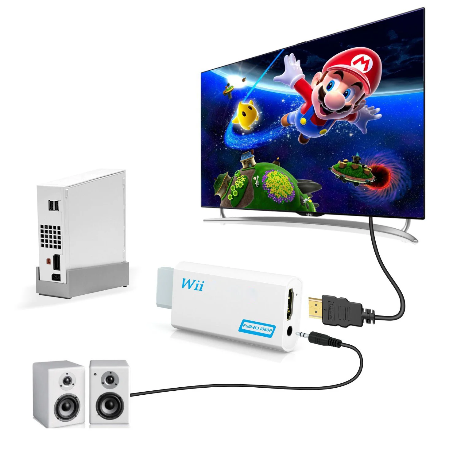 Полный HD 1080P Wii в HDMI-совместимый конвертер адаптер 2HD преобразователь 3 5 мм аудио