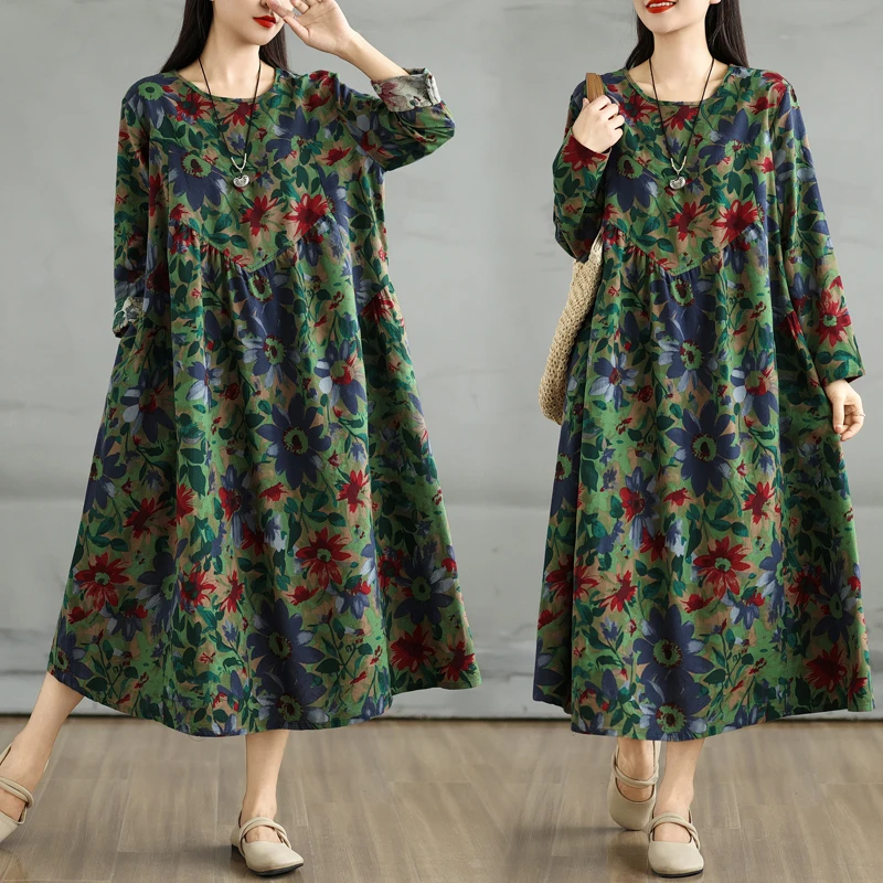 Весны/лета 202 хлопковое льняное платье в стиле ретро с круглым вырезом и