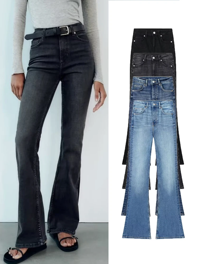 

TRAF New 2023 Autumn Women Boot Cut Denim Pants Elegant Solid Mid-Waist Jean Zipper Commuting Pockets Long Pants 4 Colors