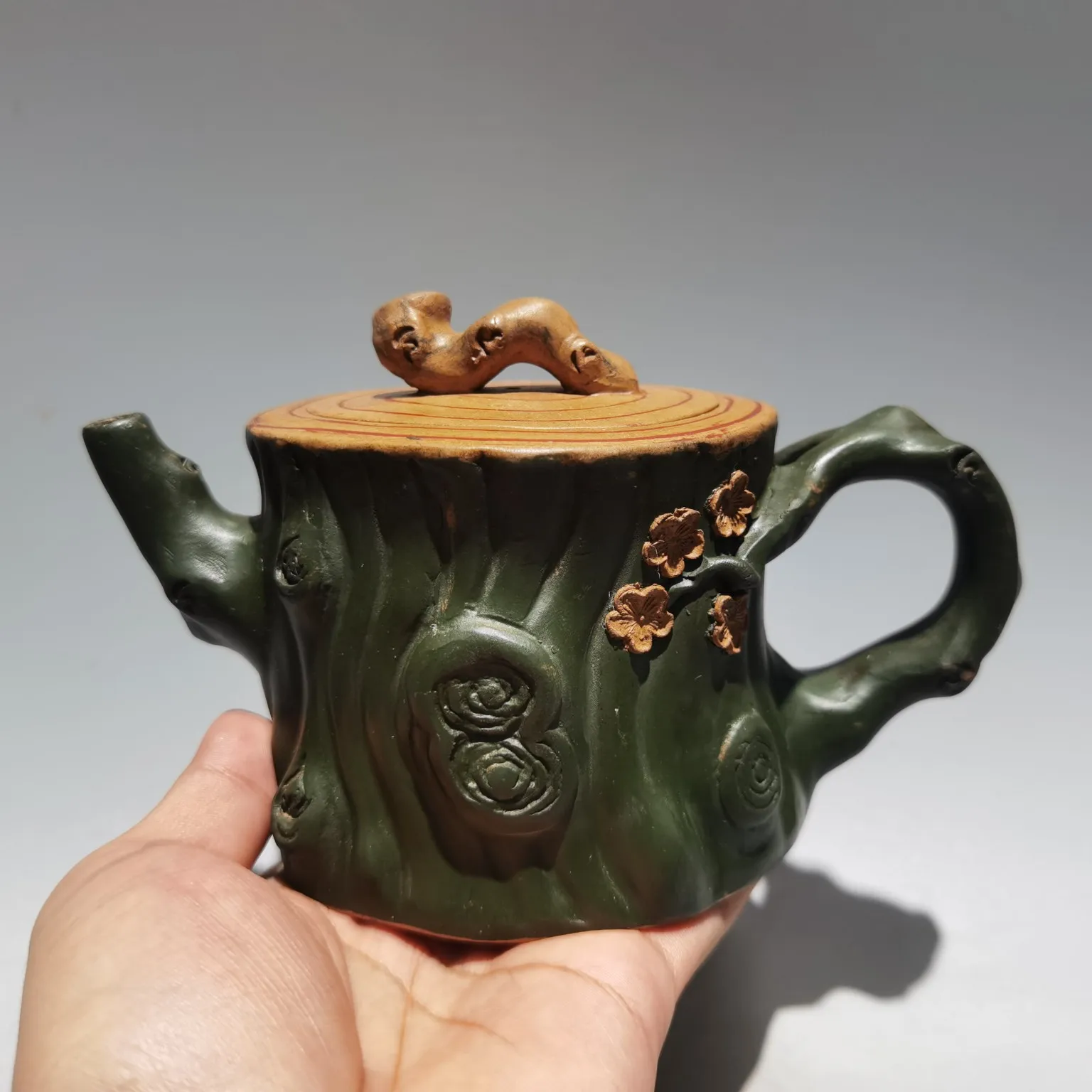 

7" Chinese Yixing Zisha Pottery plum bossom root kettle teapot flagon part mud office Ornaments Gather fortune Town house