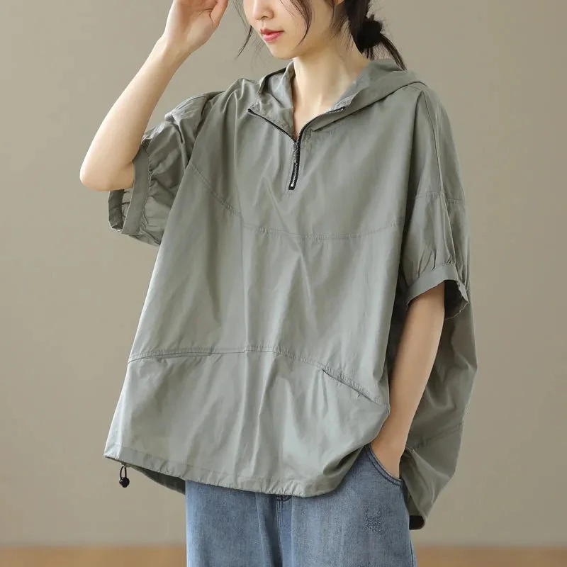 

Pure Cotton Thin Summer Hooded Jacket Women Retro Clothes Solid Woman Jacket Lady Loose Large Size Zip Pocket Jackets Chic