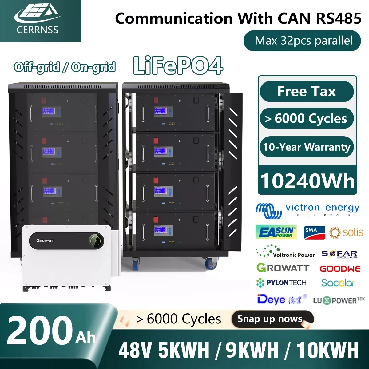 48V 200Ah LiFePO4 10KW 9KW Lithium Battery Pack＞6000 Cycles Super Parallel With CAN RS485 200A BMS For Off/On-Grid Solar No Tax