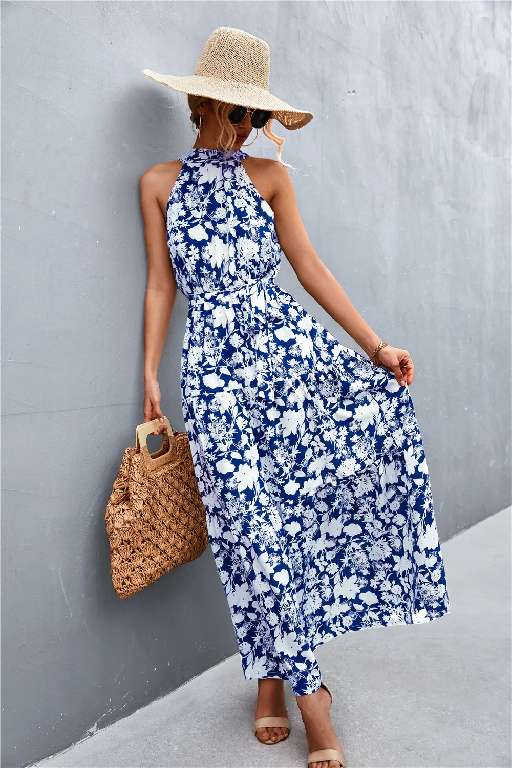 

Bohemian Halter Maxi Dress for Women Summer Sleeveless Off Shoulder Beach Sundress Oversized Ladies Casual Floral Dresses Party