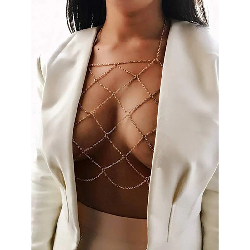 

Women's Halterneck Mesh Body Chain Bralette Bikini Bra Necklaces Stomachers（Gold）