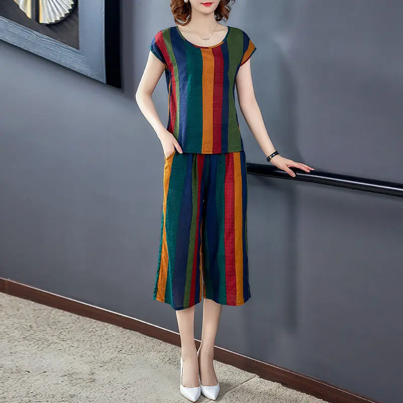 

Women 2022 Summer Two Piece Sets Tracksuits Female Clothes Casual Short Sleeve T-shirt Top and Pants Suits Vintage Outfits M20