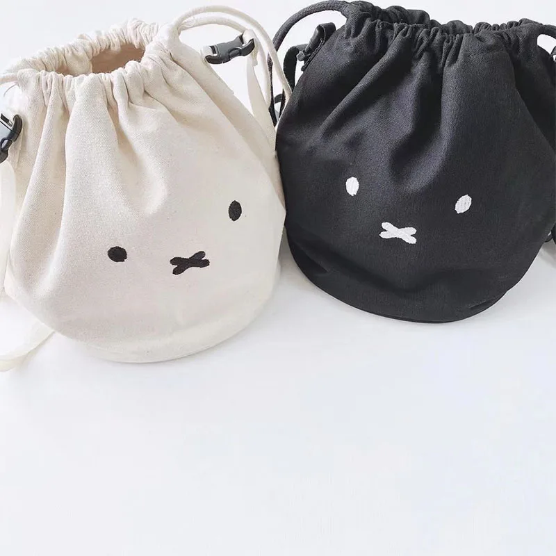 

Kawaii Miffys One Shoulder Cross Body Canvas Bag Cartoon Small Round Bucket Bag Drawstring Band Mouth Cosmetic Bag Storage Bag