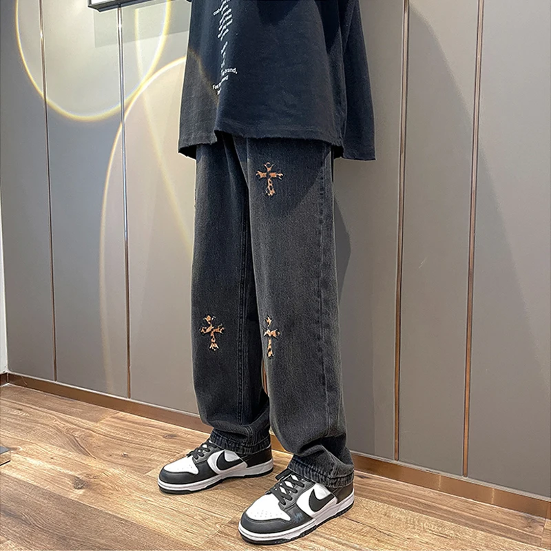 

Fashionable Men’s Jeans Y2K Trendy Straight-leg Pants Loose Wide-leg Jeans Hip-hop Style Street Men’s Trousers джинсы для мужчин