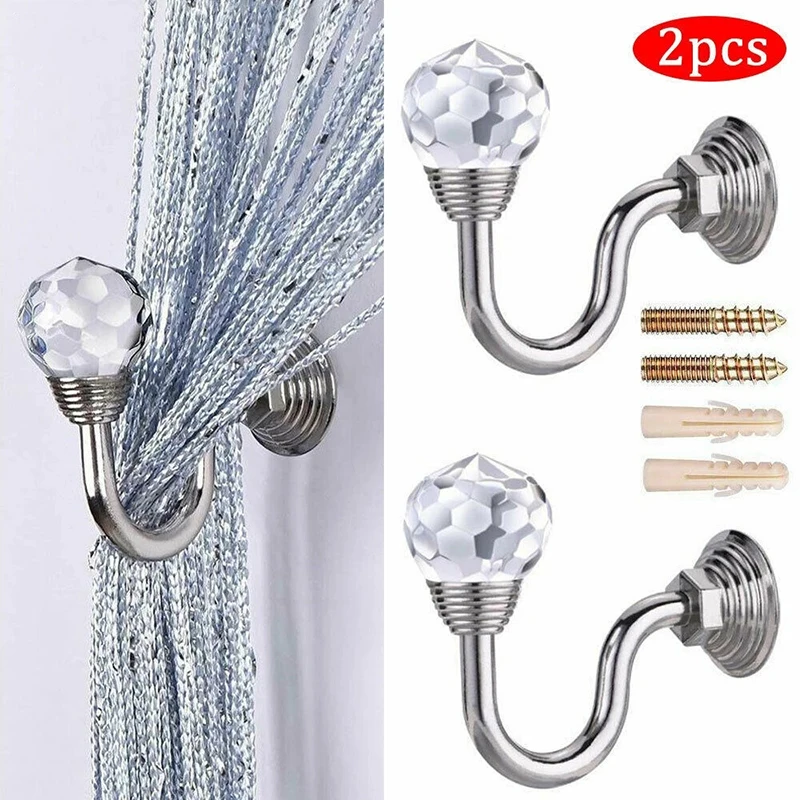 2Pcs Metal Crystal Curtain Holdback Hanger Wall Tie Backs Hooks Holder Home Decoration Curtain Tie Back Wall Hooks
