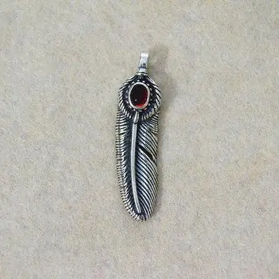 

925 Sterling Silver Pendant Retro Thai Silver Red Crystal Feather Pendant Men & Women Pendant Pendant