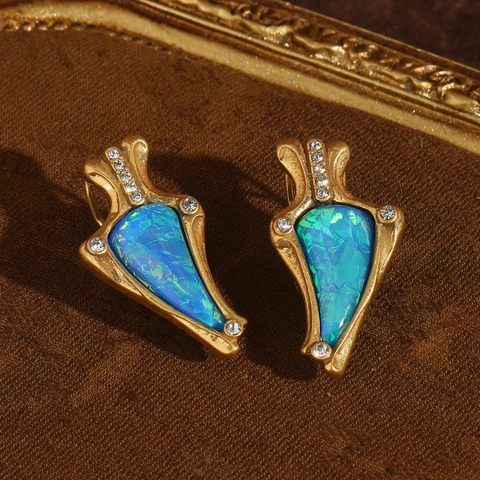 Синие серьги-гвоздики STALAIT из меди с опалом