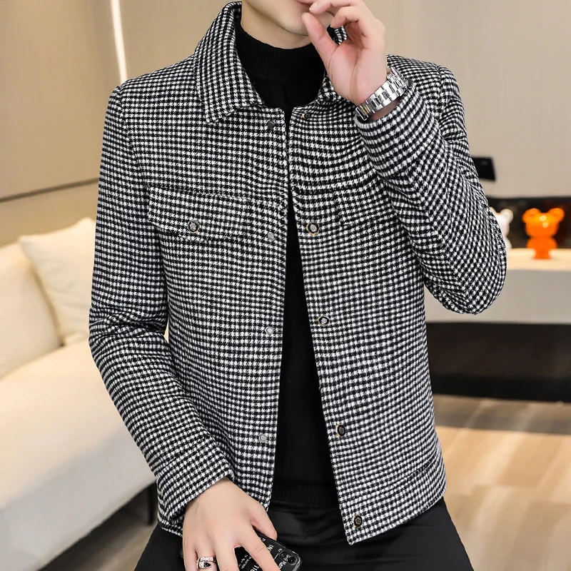 2022 Wool Blends Jacket Men  Casual Business Trench Coat Fashion Plaid Overcoat Male Streetwear Coats Windbreaker Men Clothing