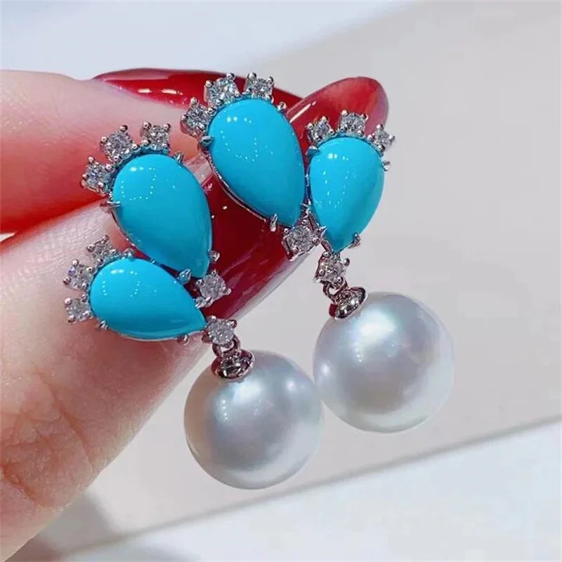 

Exquisite Circular Imitation Pearl Earrings Women Trendy Silver Color Water Droplet Inlaid Zircon Blue Stone Dangle Earrings
