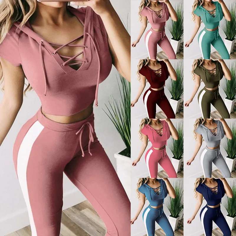 

Women's suit summer two-piece women's short-sleeved lace-up hooded top + trousers suit sexy slim sportswear 2022 new