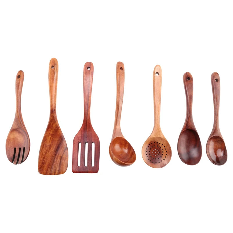 

7 PCS Teak Wooden Kitchen Cooking Utensils, Non-Stick Spoons And Spatula Cookware For Home And Kitchen