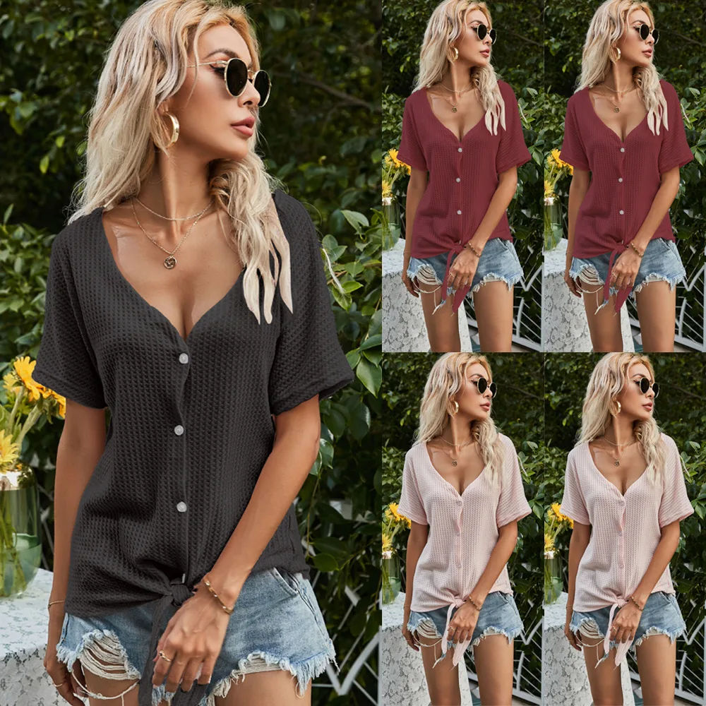 

Новинка лета 2023, модный кардиган с V-образным вырезом и скрученным узлом, футболка с коротким рукавом, Топ