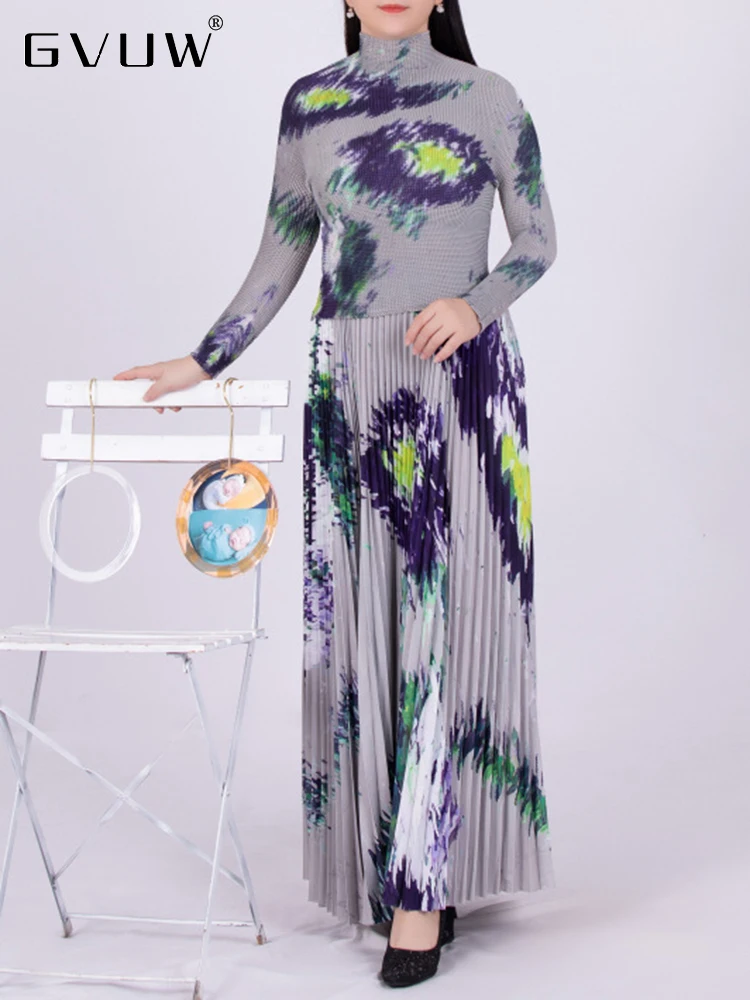 

GVUW Print Color Block Pleated Two Piece Sets Women's Turtleneck Tops Elastic Waist A-line Skirt 2023 Summer Elegant Set 17J1611