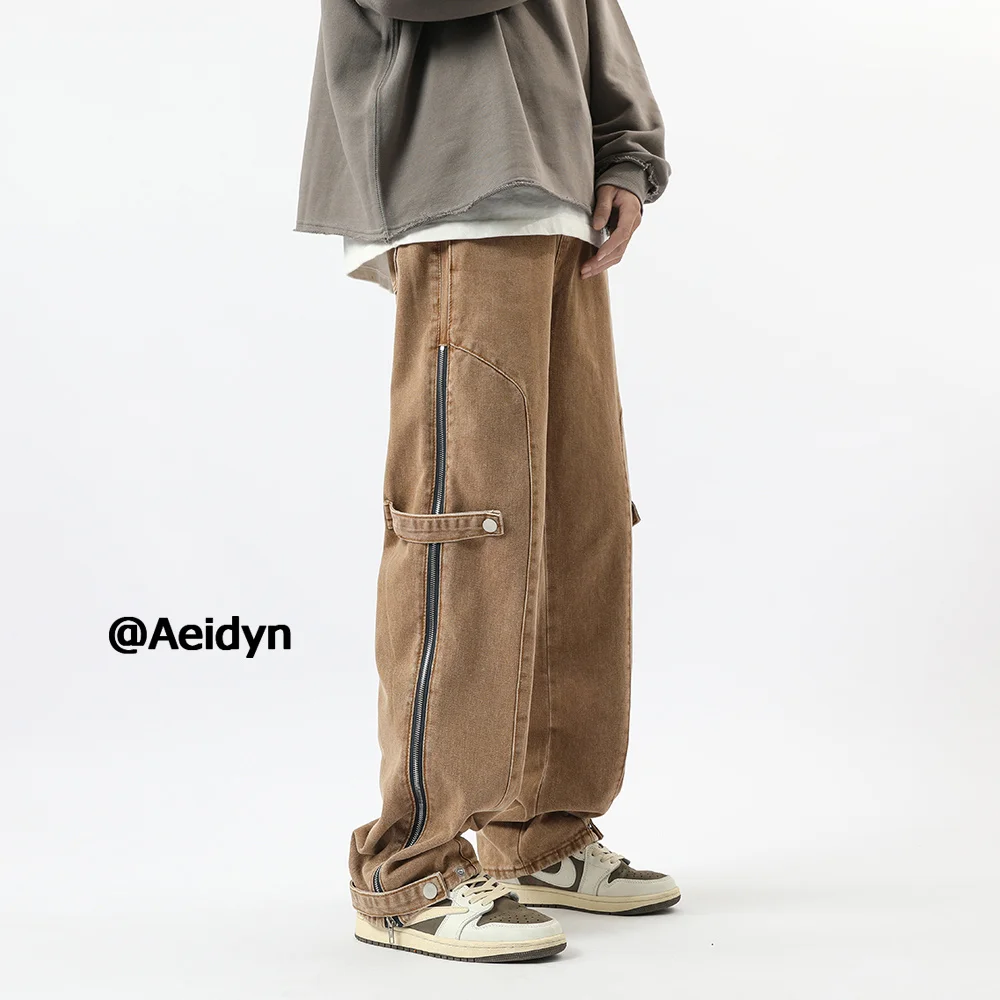 American Vintage Trend Side Zipper Jeans Mens Baggy Fit Wide Leg Cargo Pants Male High Street Hip Hop Y2k Denim Trousers