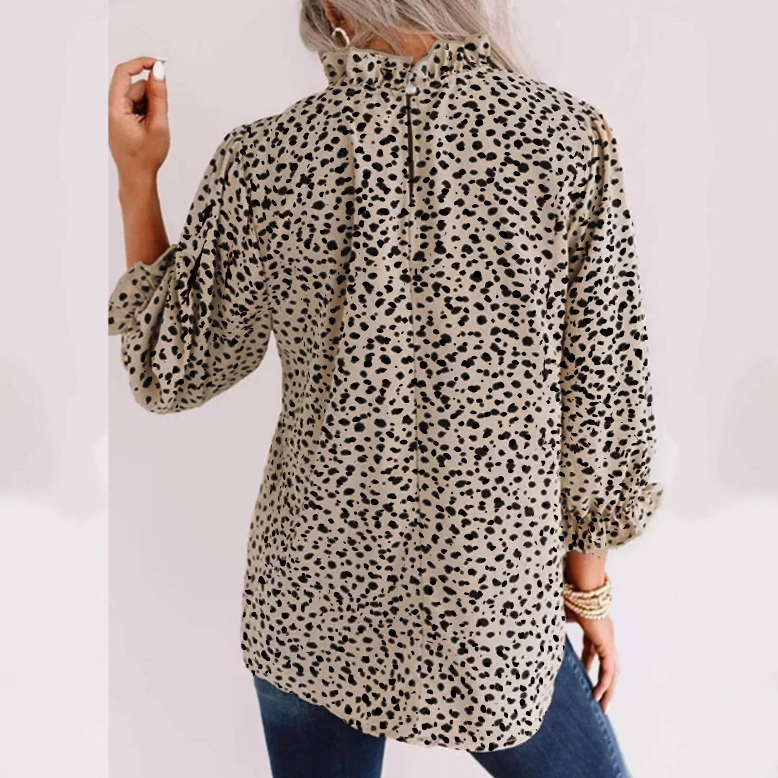 

Женская блузка с цветочным принтом, свободные рубашки с длинными рукавами и оборками, топ с круглым вырезом, теплый элегантный топ, блузка с ...