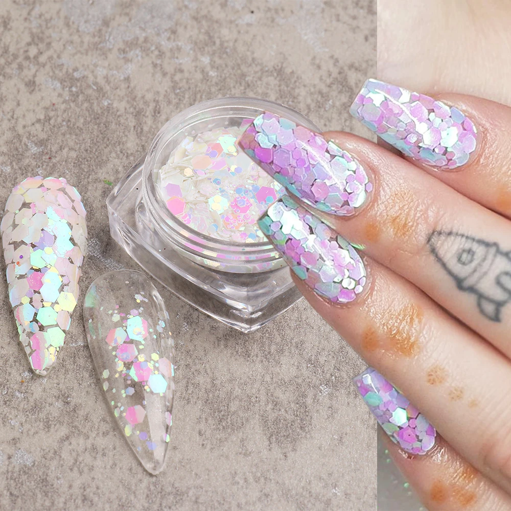 

1Jar Chunky Nail Glitter Holographic Hexagon Sequins For Nails Mermaid Blue Pink Chameleon Powder Flake Manicure Paillettes GLGB